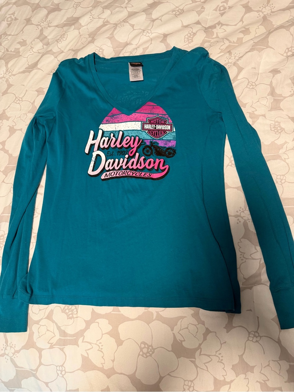 Harley-Davidson Teal Long Sleeve V-Neck Shirt with Pink and Purple Graphic